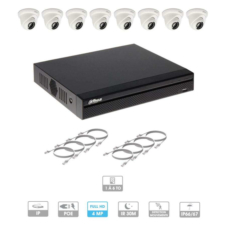Kit vidéosurveillance 8 caméras | 4 MP | IP PoE | 8 câbles RJ45 20/30/40/50 mètres | 1 HDD 1 à 6 To | Dôme Dahua