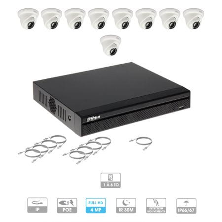 Kit vidéosurveillance 9 caméras | 4 MP | IP PoE | 9 câbles RJ45 20/30/40/50 mètres | 2 HDD 1 à 6 To | Dôme Dahua