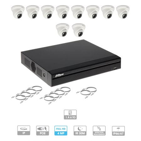 Kit vidéosurveillance 10 caméras | 4 MP | IP PoE | 10 câbles RJ45 20/30/40/50 mètres | 2 HDD 1 à 6 To | Dôme Dahua