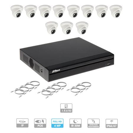 Kit vidéosurveillance 11 caméras | 4 MP | IP PoE | 11 câbles RJ45 20/30/40/50 mètres | 2 HDD 1 à 6 To | Dôme Dahua