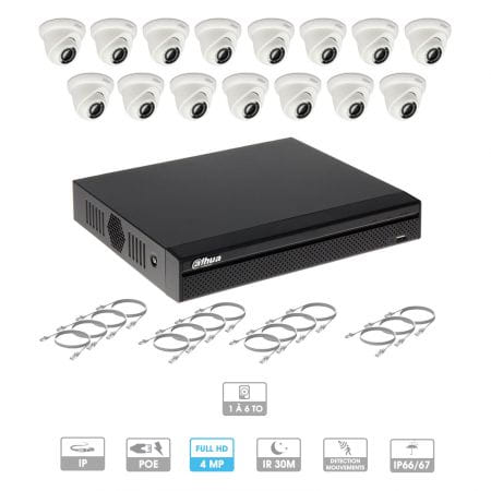 Kit vidéosurveillance 15 caméras | 4 MP | IP PoE | 15 câbles RJ45 20/30/40/50 mètres | 2 HDD 1 à 6 To | Dôme Dahua