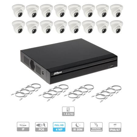 Kit vidéosurveillance 16 caméras | 4 MP | IP PoE | 16 câbles RJ45 20/30/40/50 mètres | 2 HDD 1 à 6 To | Dôme Dahua