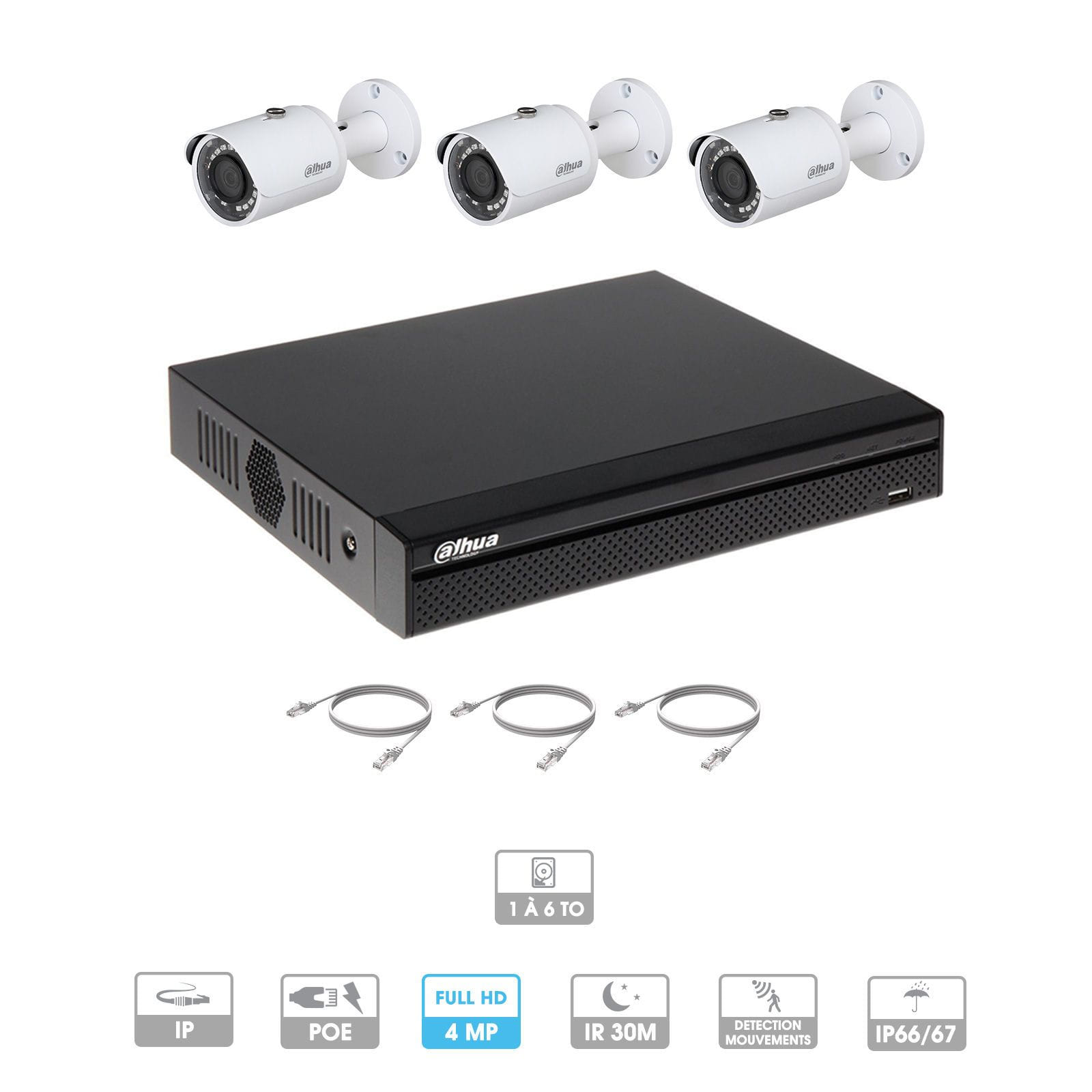 Kit vidéosurveillance 3 caméras | 4 MP | IP PoE | 3 câbles RJ45 20/30/40/50 mètres | 1 HDD 1 à 6 To | Tube Dahua