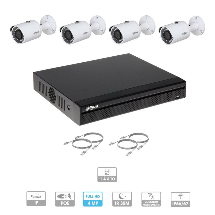 Kit vidéosurveillance 4 caméras | 4 MP | IP PoE | 4 câbles RJ45 20/30/40/50 mètres | 1 HDD 1 à 6 To | Tube Dahua