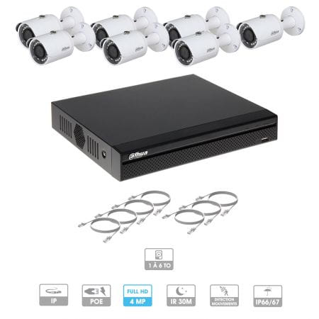 Kit vidéosurveillance 7 caméras | 4 MP | IP PoE | 7 câbles RJ45 20/30/40/50 mètres | 1 HDD 1 à 6 To | Tube Dahua