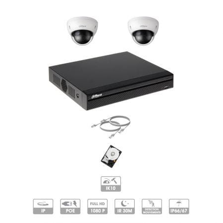 Kit vidéosurveillance 2 caméras | 2 MP | IP PoE | 2 câbles RJ45 20 mètres | 1 HDD 1 à 6 To | Dômes Dahua | Antivandalimse