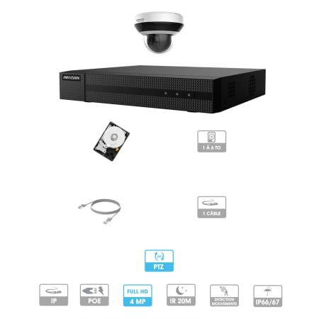 Kit vidéosurveillance 1 caméra PTZ | 4MP | IP PoE | 1 câble RJ45 20/30/40/50 mètres | HDD 1 à 6 To | Dôme Hiwatch