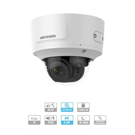 Caméra Hikvision | Dôme | 8 MP (4K) | IP PoE | Zoom x 4 | Protection antivandalisme | Infrarouge 30 mètres