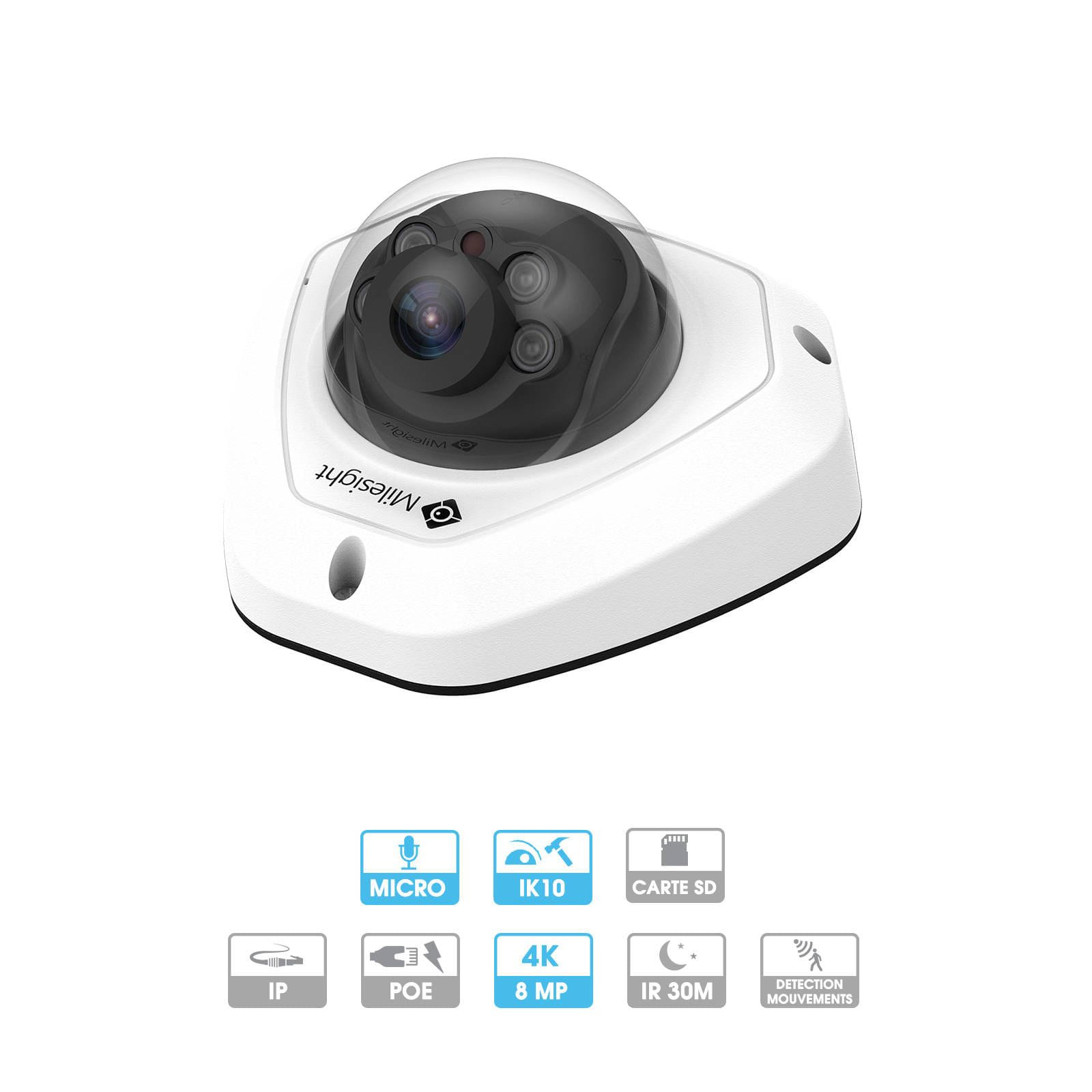 Caméra mini-dôme Milesight | 4K | IP PoE | Antivandalisme | Microphone intégré