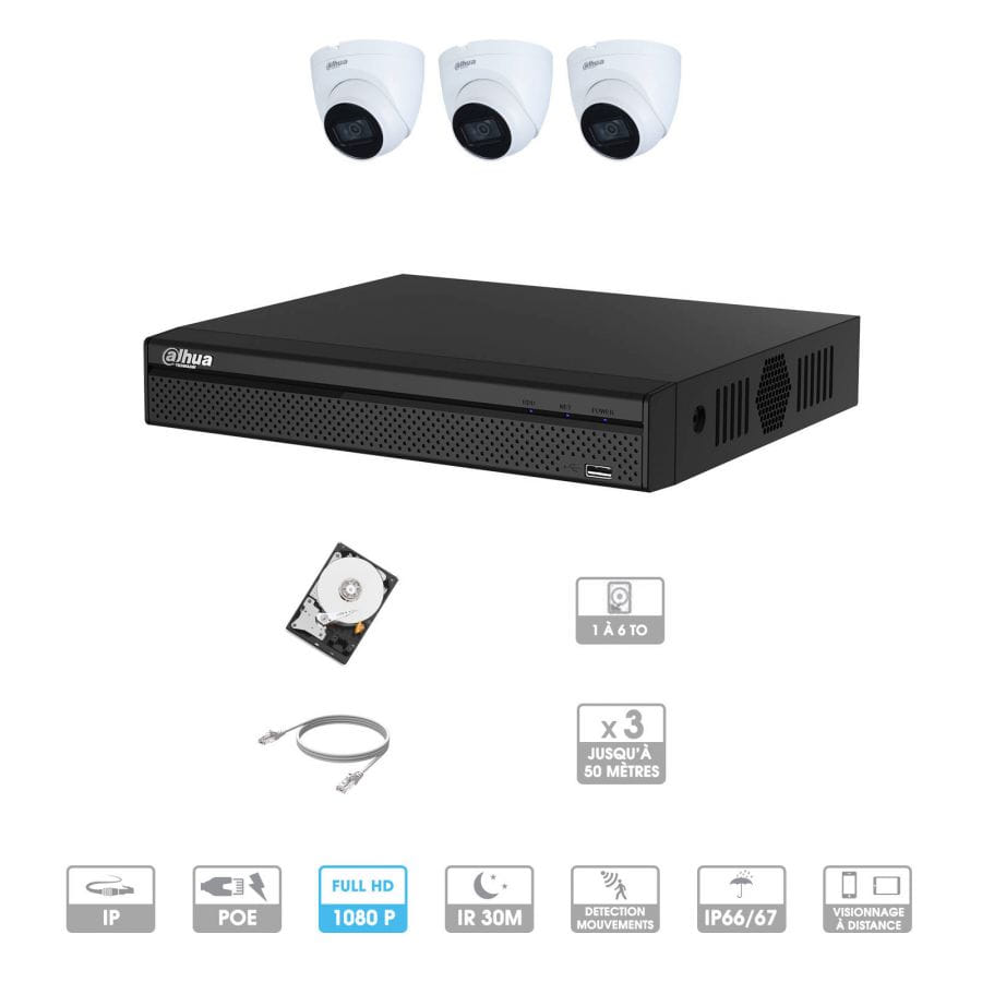 Kit vidéosurveillance 3 caméras | 2 MP | IP PoE | 3 câbles RJ45 20/30/40/50 mètres | 1 HDD 1 à 6 To | Dôme Dahua
