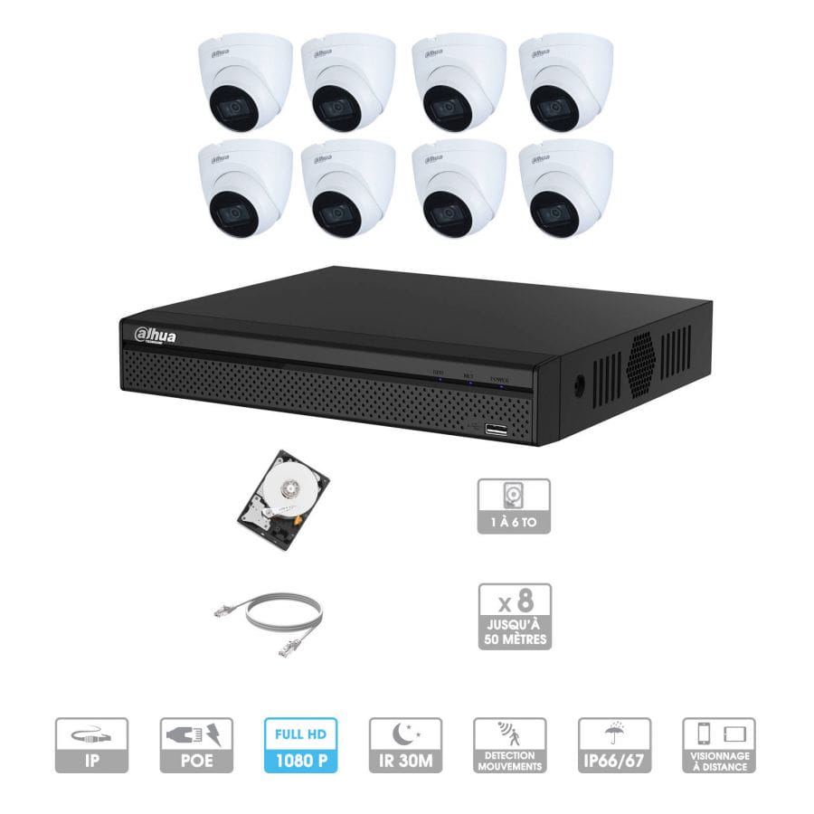 Kit vidéosurveillance 8 caméras | 2 MP | IP PoE | 8 câbles RJ45 20/30/40/50 mètres | 1 HDD 1 à 6 To | Dôme Dahua