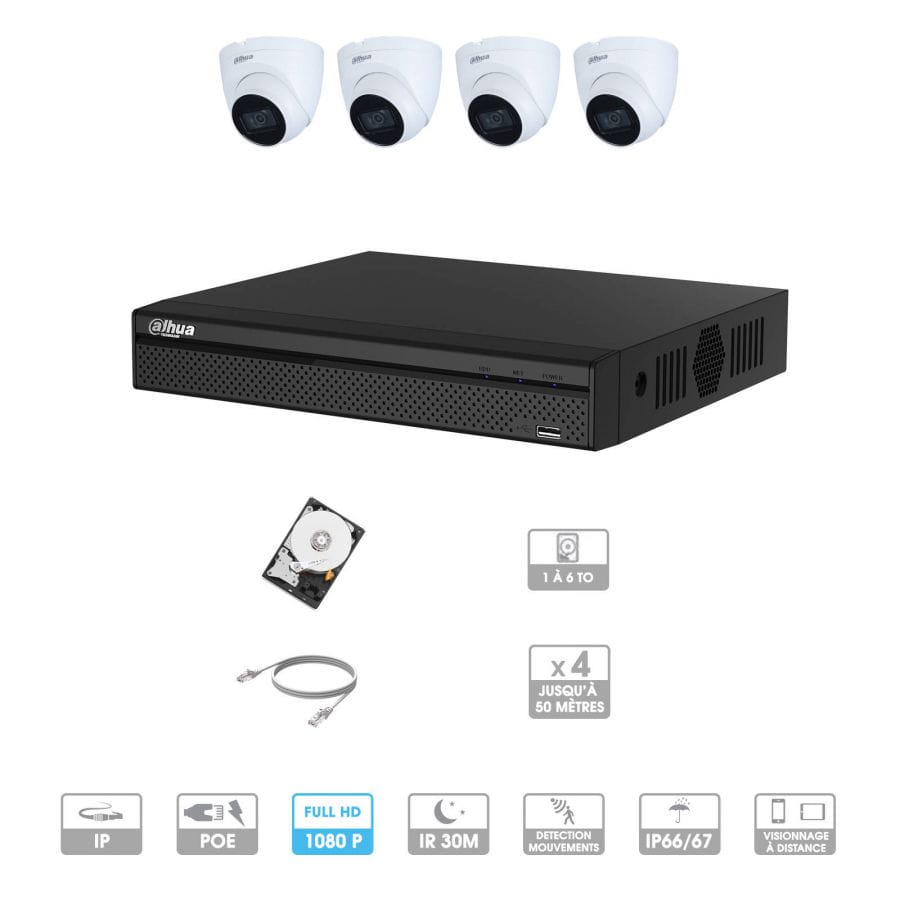 Kit vidéosurveillance 4 caméras | 2 MP | IP PoE | 4 câbles RJ45 20/30/40/50 mètres | 1 HDD 1 à 6 To | Dôme Dahua