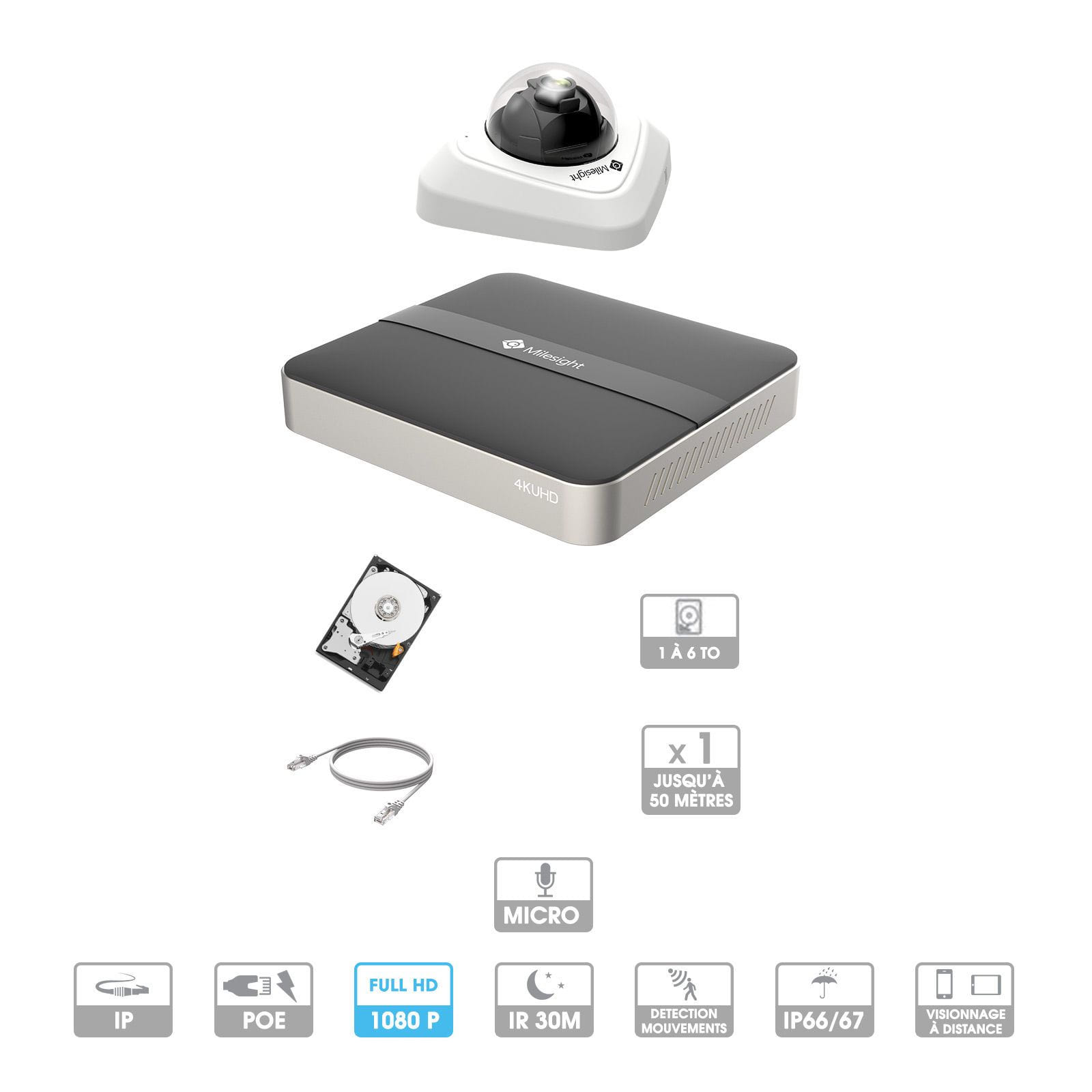 Kit vidéosurveillance 1 caméra | 1080P | IP PoE | 1 câble RJ45 20/30/40/50 mètres | HDD 1 à 6 To | Dôme Milesight