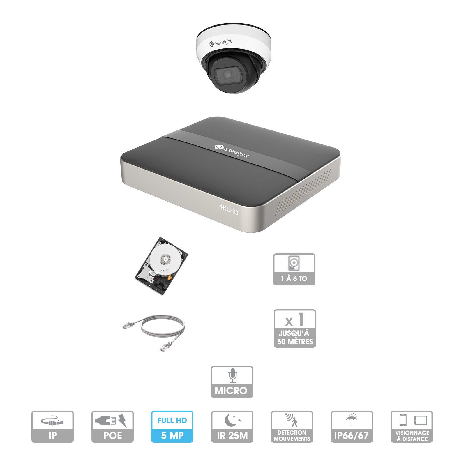 Kit vidéosurveillance 1 caméra | 5 MP | IP PoE | 1 câble RJ45 20/30/40/50 mètres | HDD 1 à 6 To | Dôme Milesight