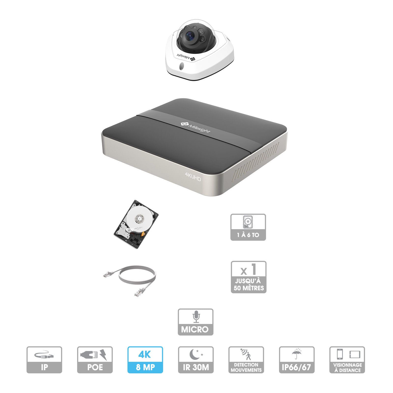Kit vidéosurveillance 1 caméra | 4K | IP PoE | 1 câble RJ45 20/30/40/50 mètres | HDD 1 à 6 To | Dôme Milesight