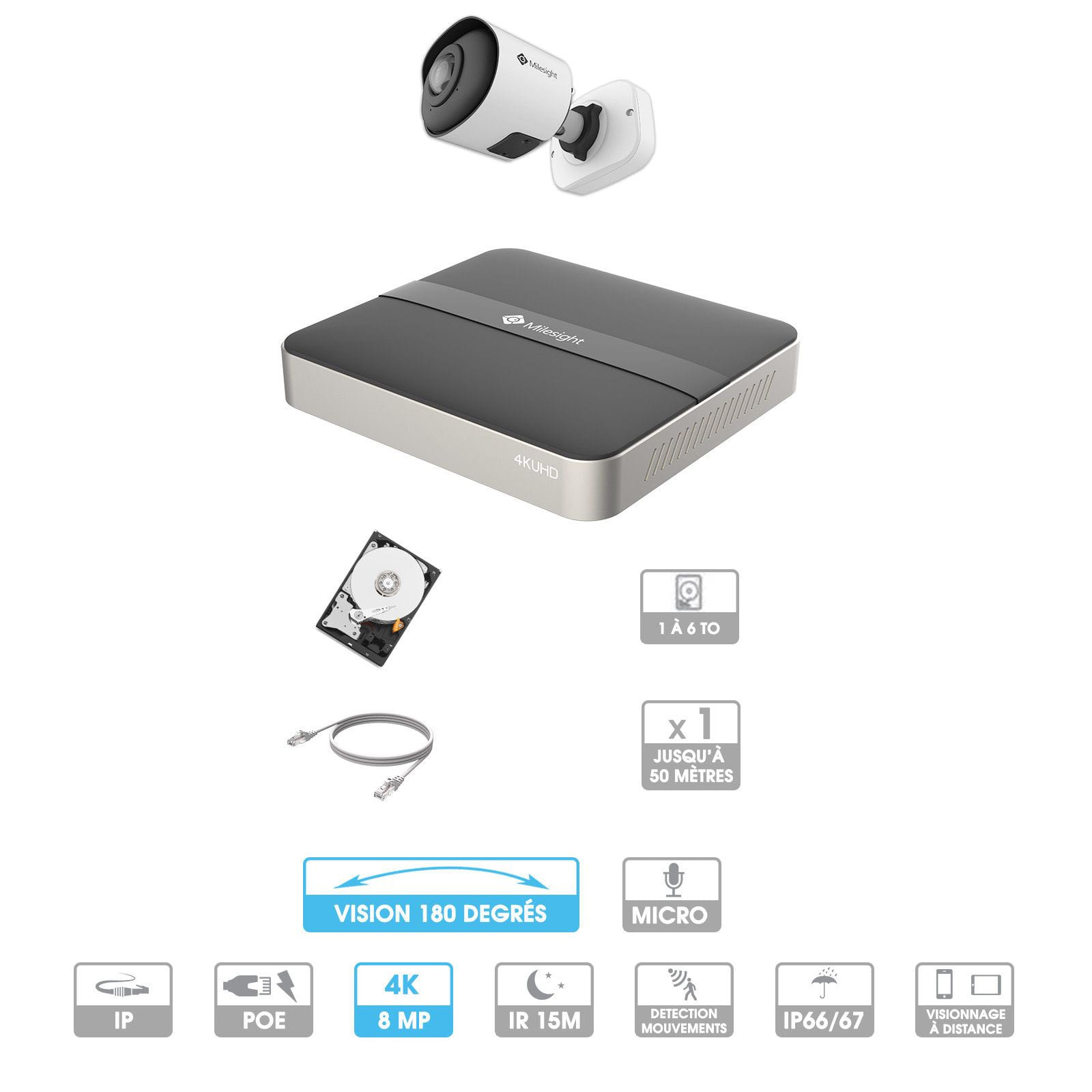 Kit vidéosurveillance 1 caméra panoramique 180° | 4K | IP PoE | 1 câble RJ45 20/30/40/50 mètres | HDD 1 à 6 To | Tube Milesight
