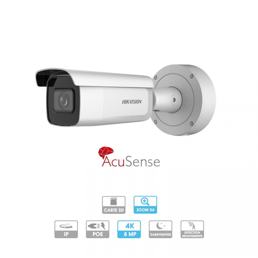 Caméra Hikvision AcuSense | Tube | 8 MP (4K) | IP PoE | Zoom x 4 | Infrarouge 60 mètres