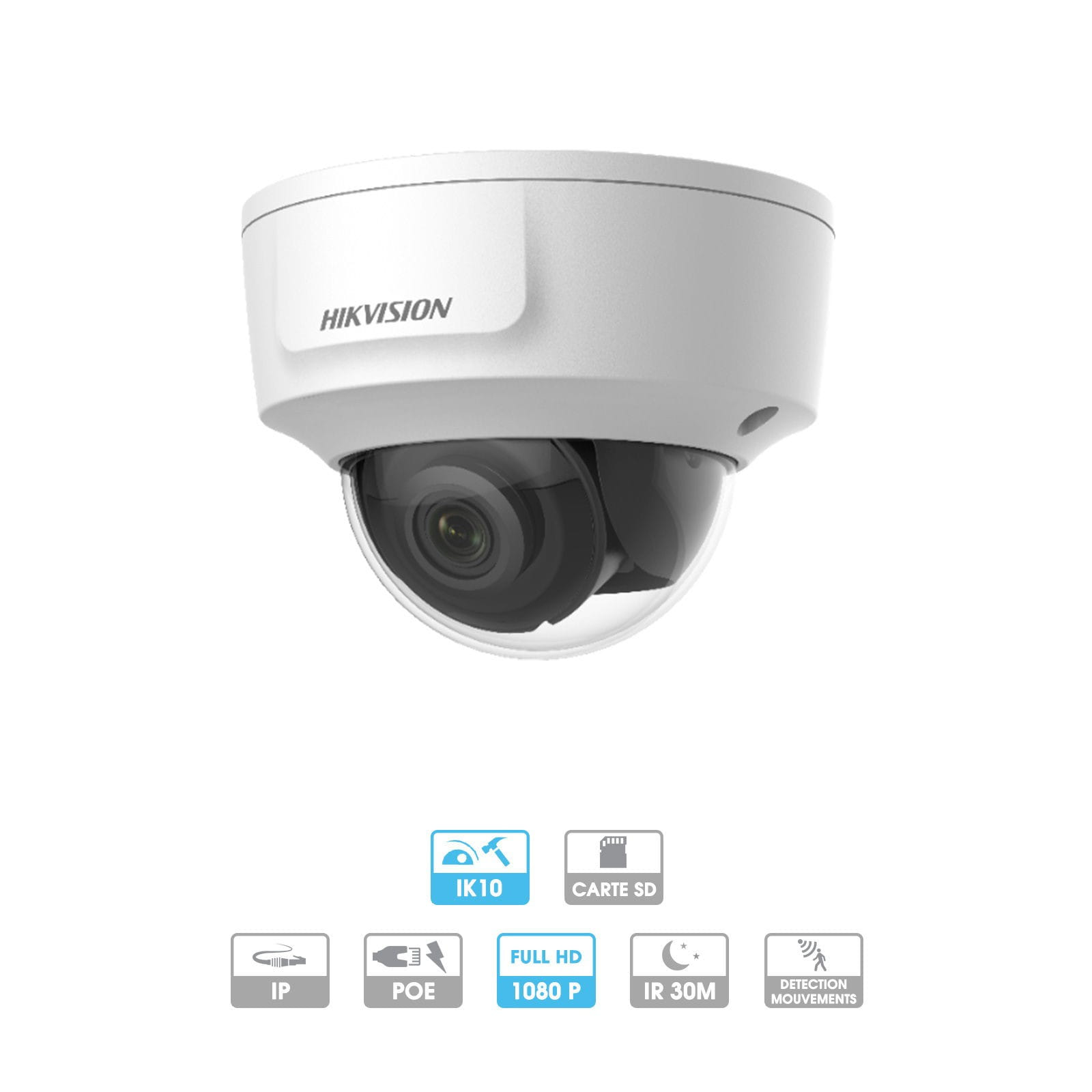 Caméra Hikvision | Dôme antivandale | 2 MP | IP PoE | Infrarouge 30 mètres | Reconnaissance faciale | Sortie directe HDMI