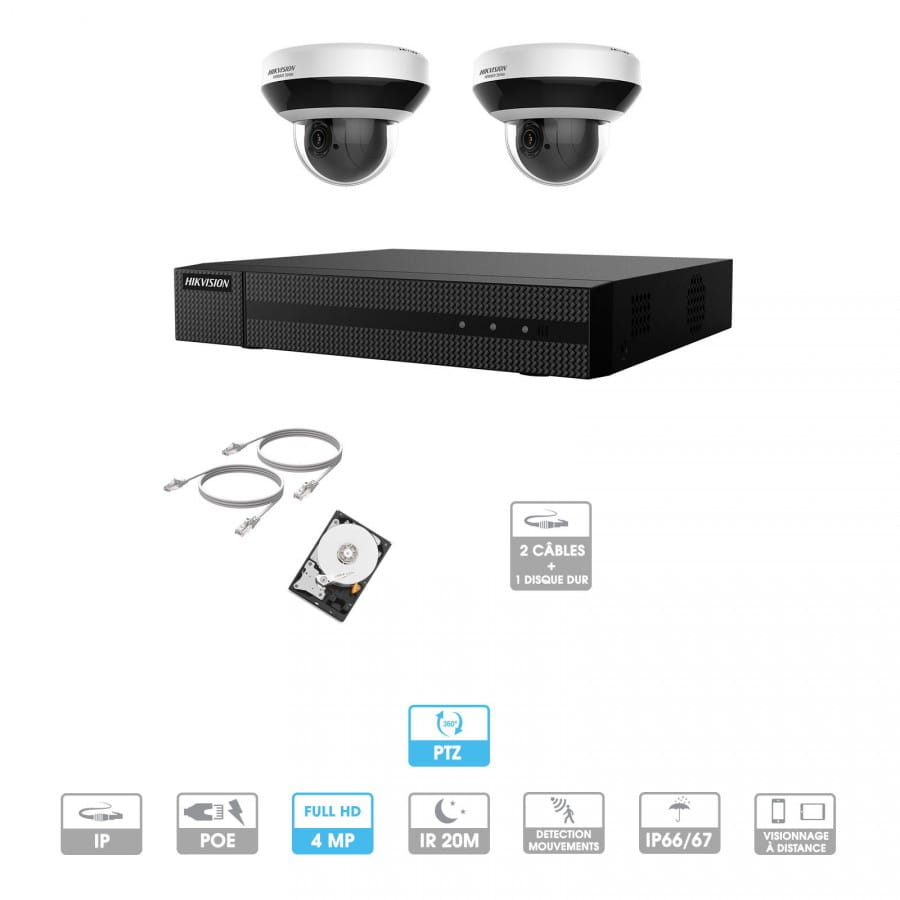 Kit vidéosurveillance 2 caméras pilotables (PTZ) | Zoom x4 | 4MP | IP PoE | 2 câbles RJ45 20 mètres ou plus | Disque dur