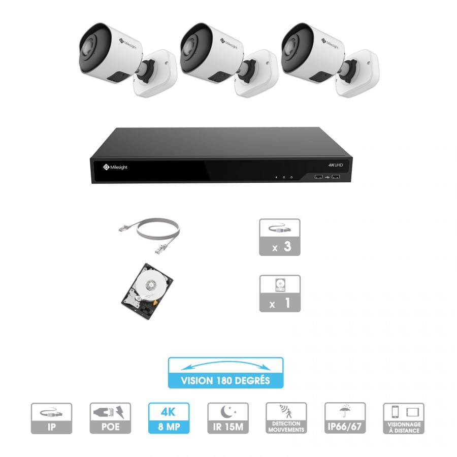Kit vidéosurveillance 3 caméras 180° | 4K | IP PoE | 3 câbles RJ45 20/30/40/50 mètres | HDD 1 à 6 To | Tube Milesight