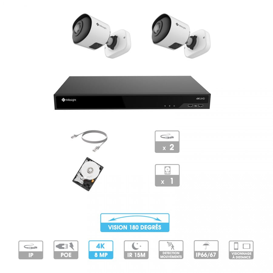 Kit vidéosurveillance 2 caméras 180° | 4K | IP PoE | 2 câbles RJ45 20/30/40/50 mètres | HDD 1 à 6 To | Tube Milesight