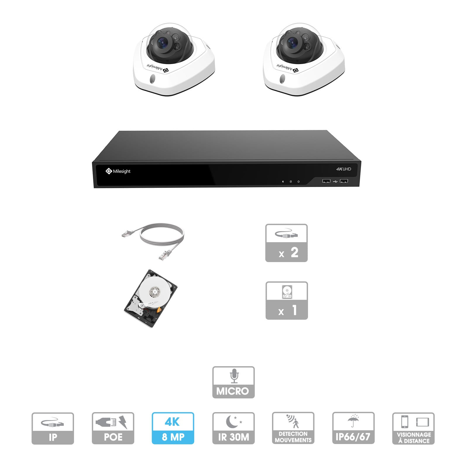 Kit vidéosurveillance 2 caméras | 4K | IP PoE | 2 câbles RJ45 20/30/40/50 mètres | HDD 1 à 6 To | Dôme Milesight