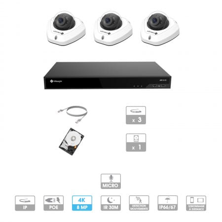 Kit vidéosurveillance 3 caméras | 4K | IP PoE | 3 câbles RJ45 20/30/40/50 mètres | HDD 1 à 6 To | Dôme Milesight