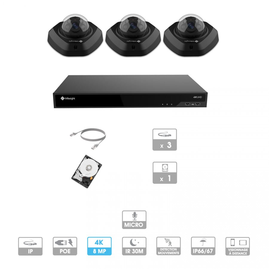 Kit vidéosurveillance 3 caméras | 4K | IP PoE | 3 câbles RJ45 20/30/40/50 mètres | HDD 1 à 6 To | Dôme Milesight