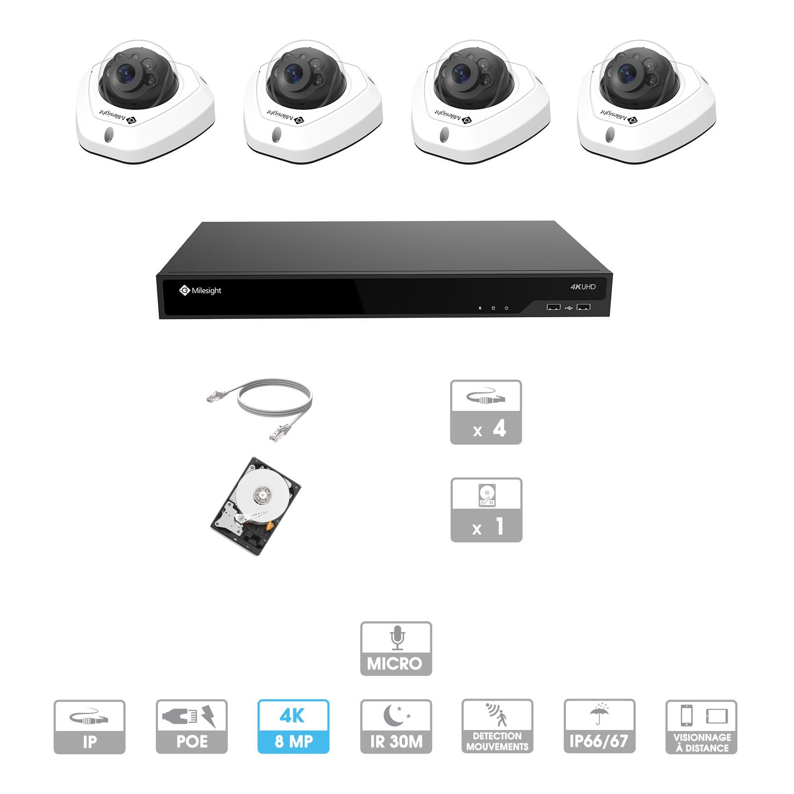 Kit vidéosurveillance 4 caméras | 4K | IP PoE | 4 câbles RJ45 20/30/40/50 mètres | HDD 1 à 6 To | Dôme Milesight