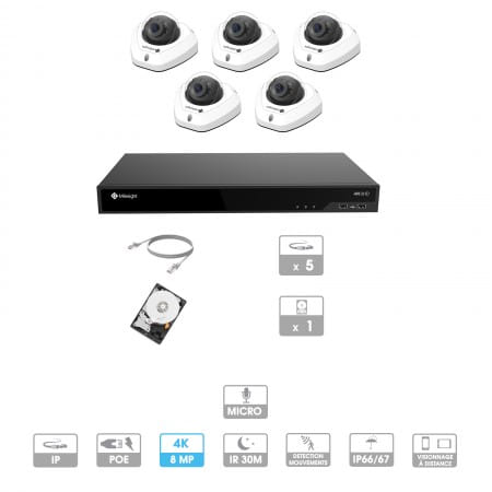 Kit vidéosurveillance 5 caméras | 4K | IP PoE | 5 câbles RJ45 20/30/40/50 mètres | HDD 1 à 6 To | Dôme Milesight