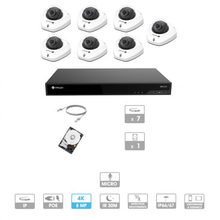 Kit vidéosurveillance 7 caméras | 4K | IP PoE | 7 câbles RJ45 20/30/40/50 mètres | HDD 1 à 6 To | Dôme Milesight