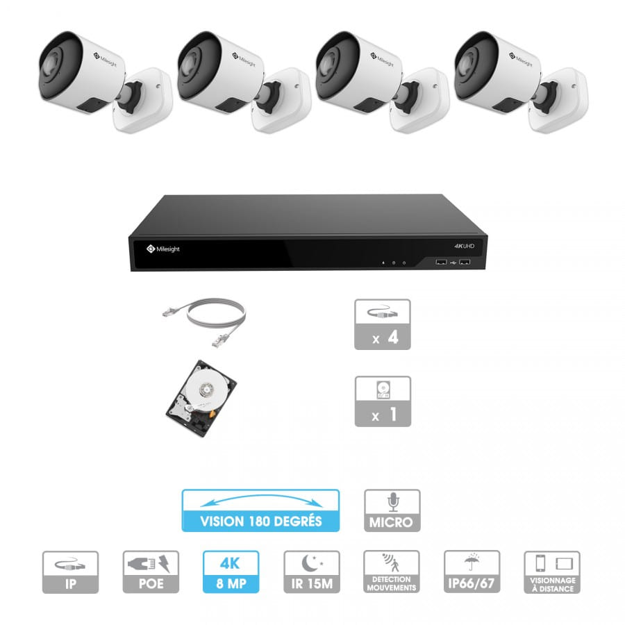 Kit vidéosurveillance 4 caméras 180° | 4K | IP PoE | 4 câbles RJ45 20/30/40/50 mètres | HDD 1 à 6 To | Tube Milesight