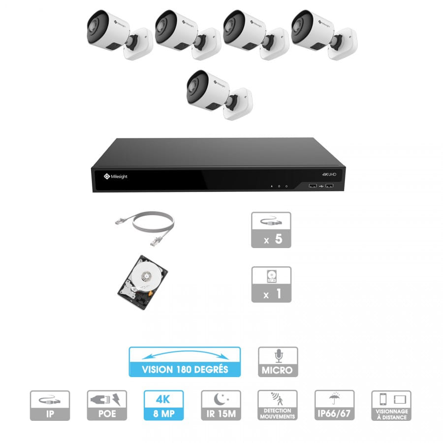 Kit vidéosurveillance 5 caméras 180° | 4K | IP PoE | 5 câbles RJ45 20/30/40/50 mètres | HDD 1 à 6 To | Tube Milesight