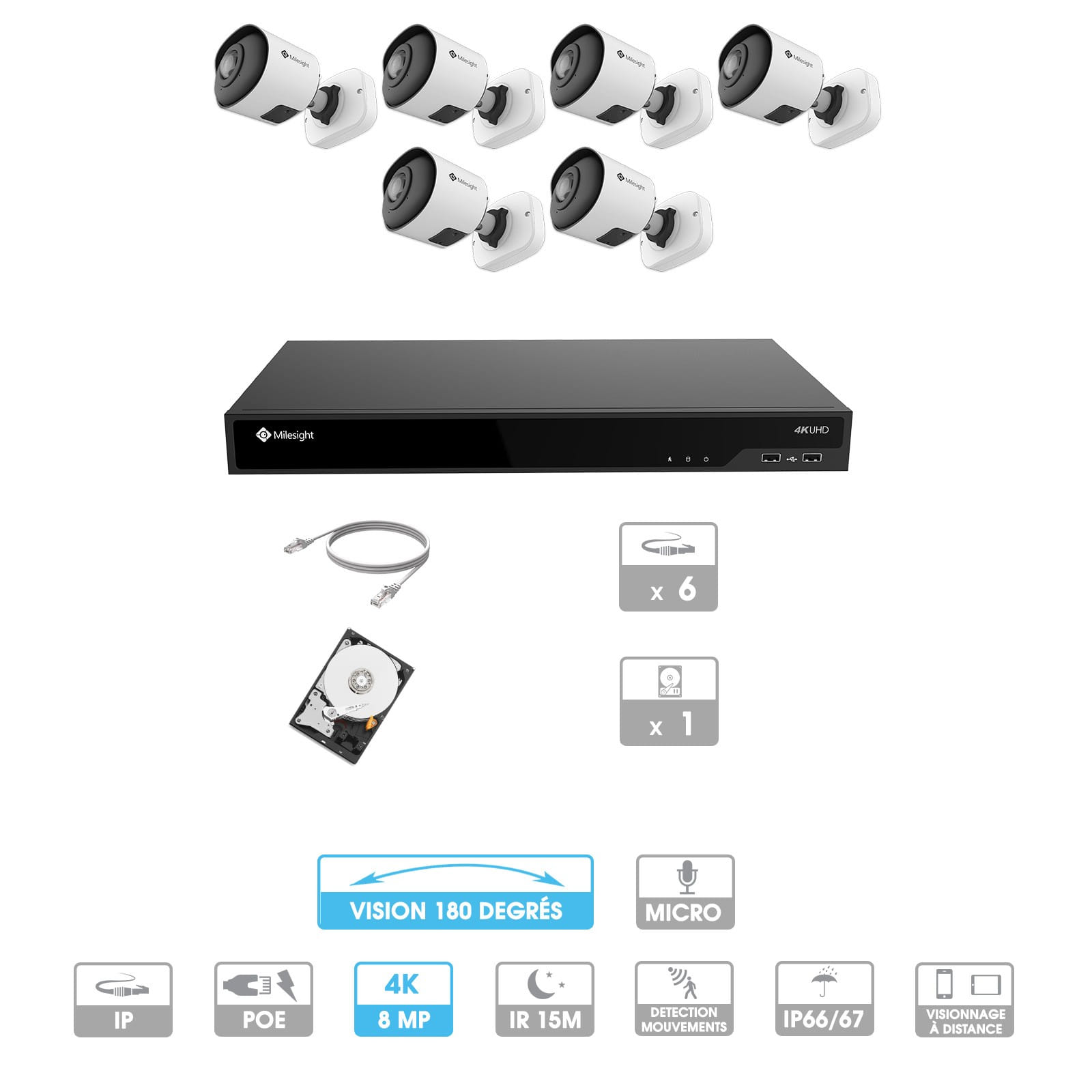 Kit vidéosurveillance 6 caméras 180° | 4K | IP PoE | 6 câbles RJ45 20/30/40/50 mètres | HDD 1 à 6 To | Tube Milesight