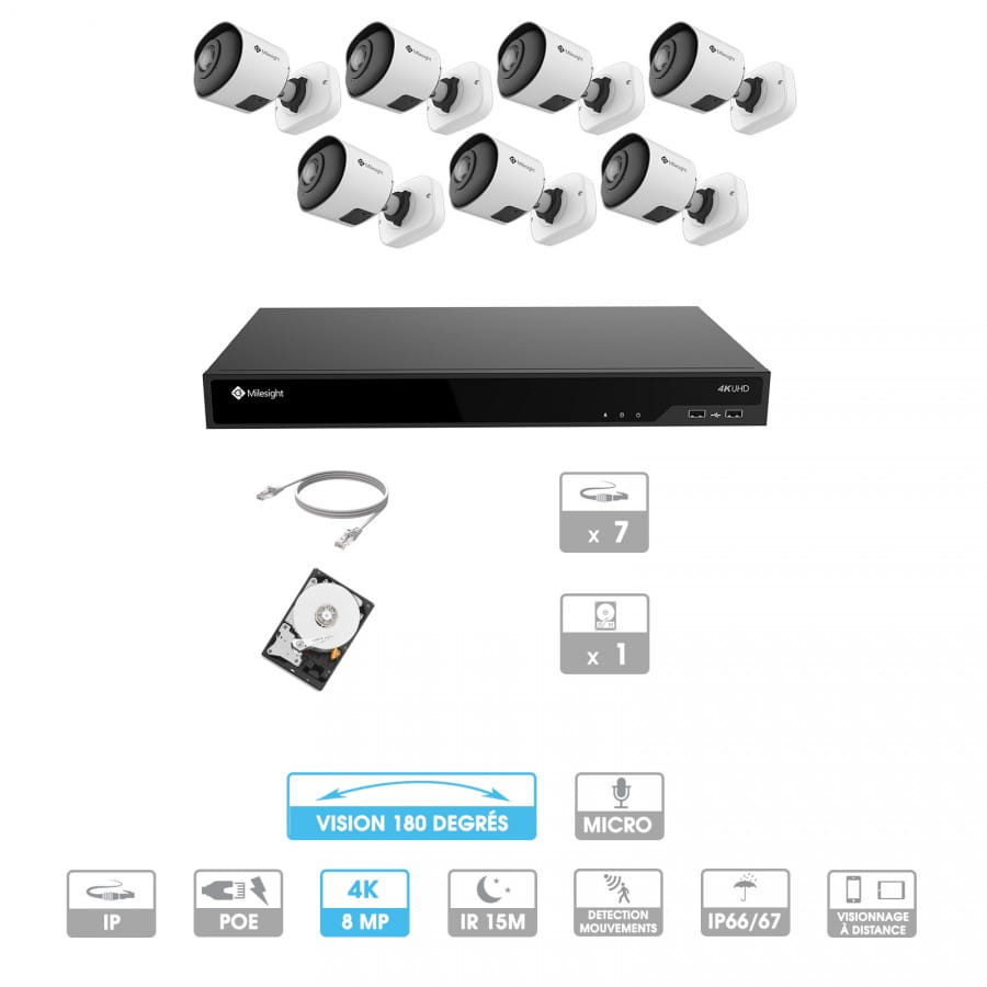 Kit vidéosurveillance 7 caméras 180° | 4K | IP PoE | 7 câbles RJ45 20/30/40/50 mètres | HDD 1 à 6 To | Tube Milesight