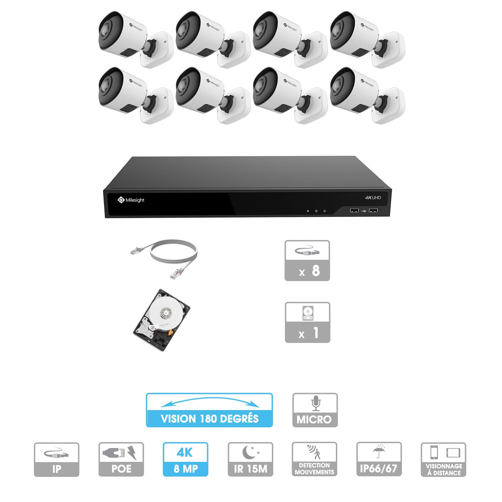 Kit vidéosurveillance 8 caméras 180° | 4K | IP PoE | 8 câbles RJ45 20/30/40/50 mètres | HDD 1 à 6 To | Tube Milesight