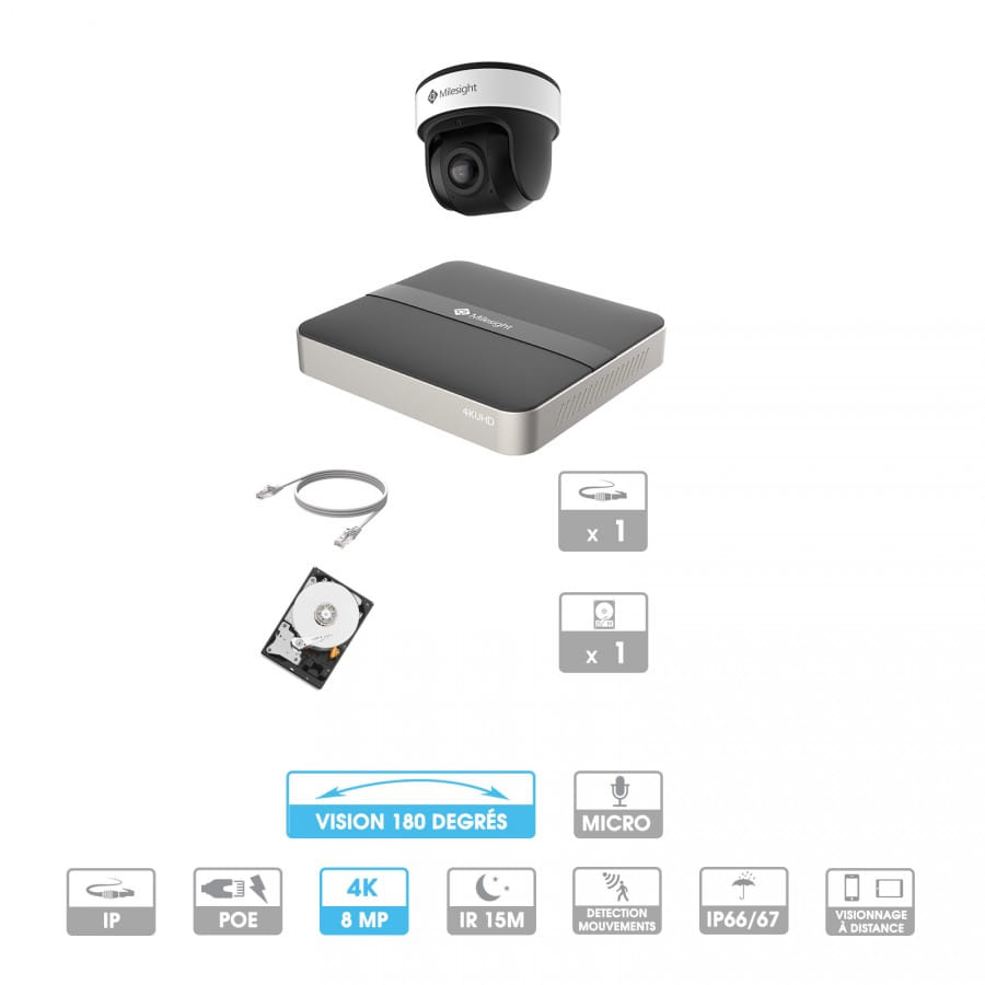 Kit vidéosurveillance 1 caméra panoramique 180° | 4K | IP PoE | 1 câble RJ45 20/30/40/50 mètres | HDD 1 à 6 To | Dôme Milesight
