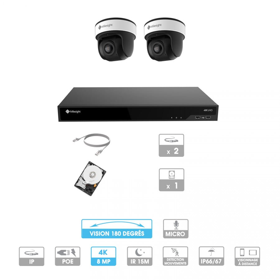 Kit vidéosurveillance 2 caméras 180° | 4K | IP PoE | 2 câbles RJ45 20/30/40/50 mètres | HDD 1 à 6 To | Dôme Milesight