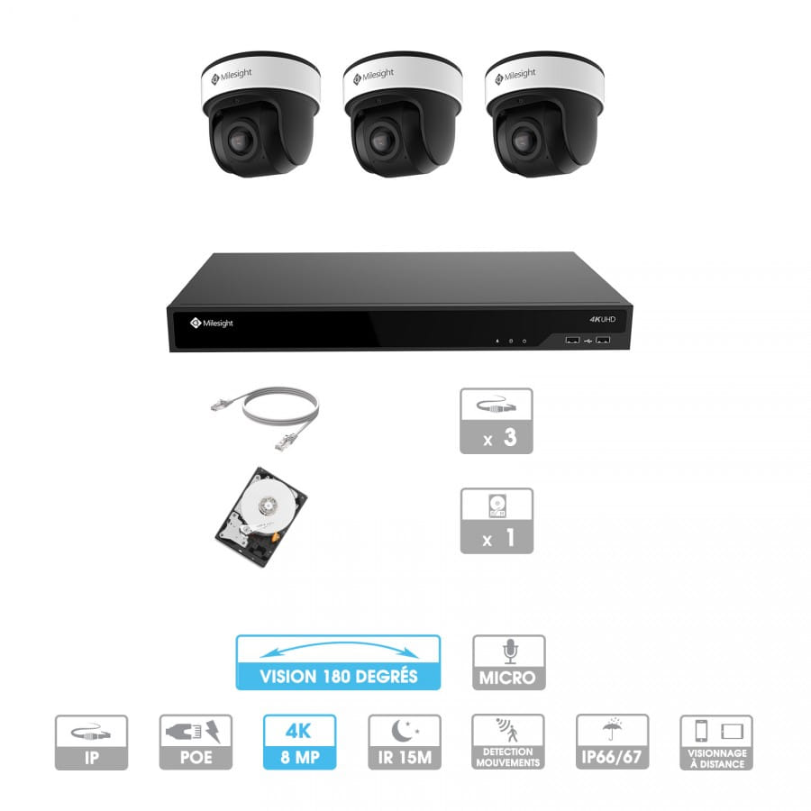 Kit vidéosurveillance 3 caméras 180° | 4K | IP PoE | 3 câbles RJ45 20/30/40/50 mètres | HDD 1 à 6 To | Dôme Milesight