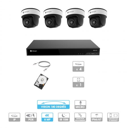 Kit vidéosurveillance 4 caméras 180° | 4K | IP PoE | 4 câbles RJ45 20/30/40/50 mètres | HDD 1 à 6 To | Dôme Milesight