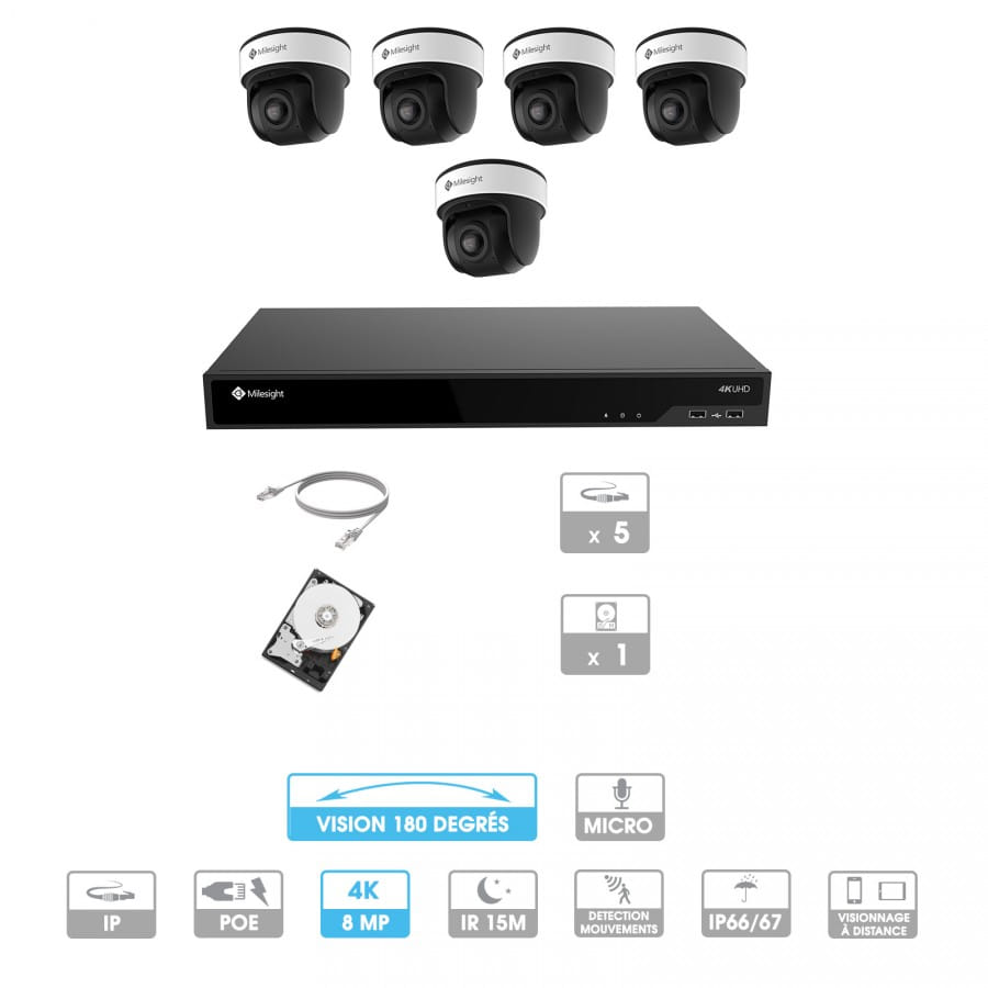 Kit vidéosurveillance 5 caméras 180° | 4K | IP PoE | 5 câbles RJ45 20/30/40/50 mètres | HDD 1 à 6 To | Dôme Milesight