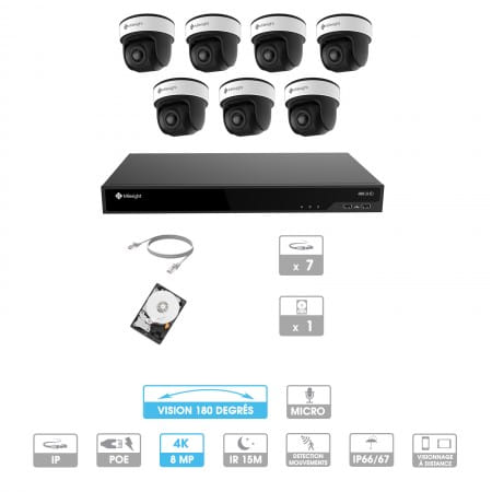 Kit vidéosurveillance 7 caméras 180° | 4K | IP PoE | 7 câbles RJ45 20/30/40/50 mètres | HDD 1 à 6 To | Dôme Milesight