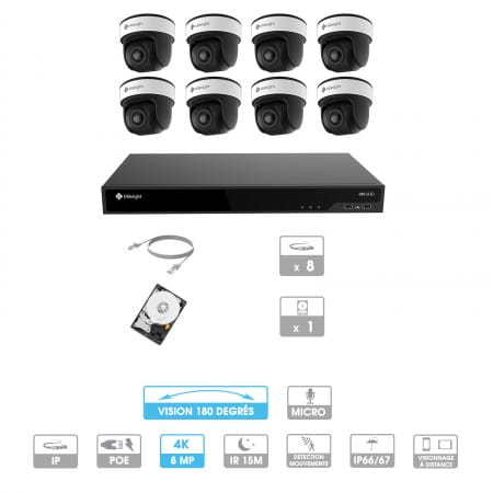 Kit vidéosurveillance 8 caméras 180° | 4K | IP PoE | 8 câbles RJ45 20/30/40/50 mètres | HDD 1 à 6 To | Dôme Milesight