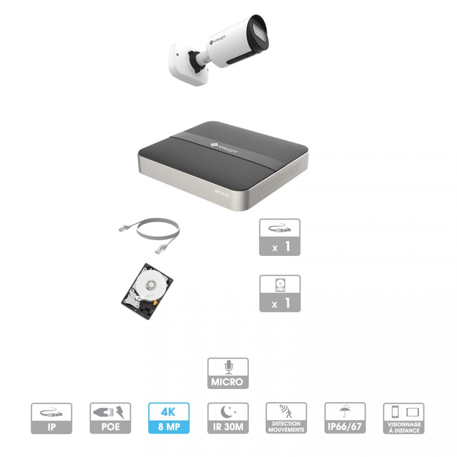 Kit vidéosurveillance 1 caméra | 4K | IP PoE | 1 câble RJ45 20/30/40/50 mètres | HDD 1 à 6 To | Tube Milesight