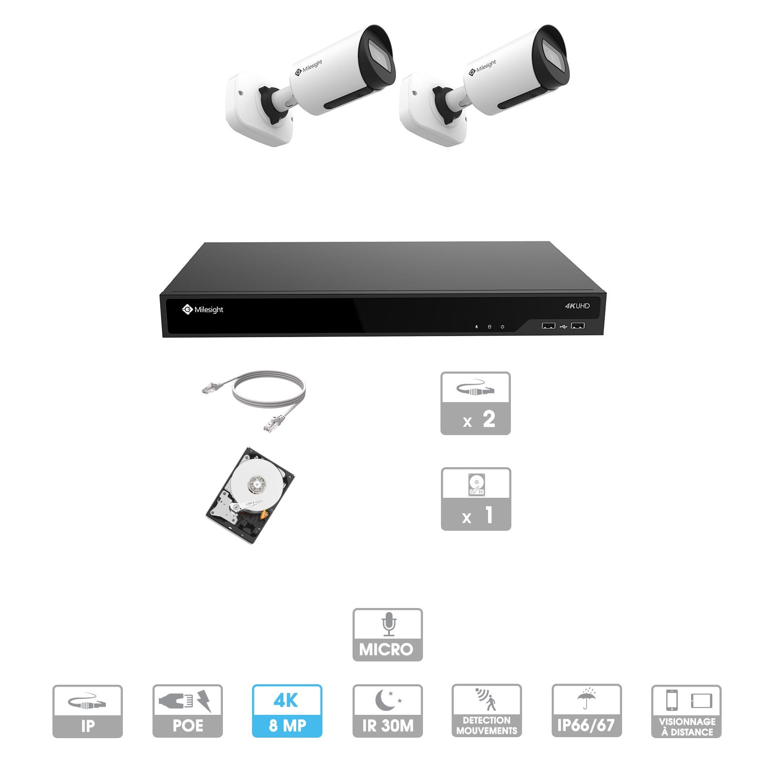 Kit vidéosurveillance 2 caméras | 4K | IP PoE | 2 câbles RJ45 20/30/40/50 mètres | HDD 1 à 6 To | Tube Milesight