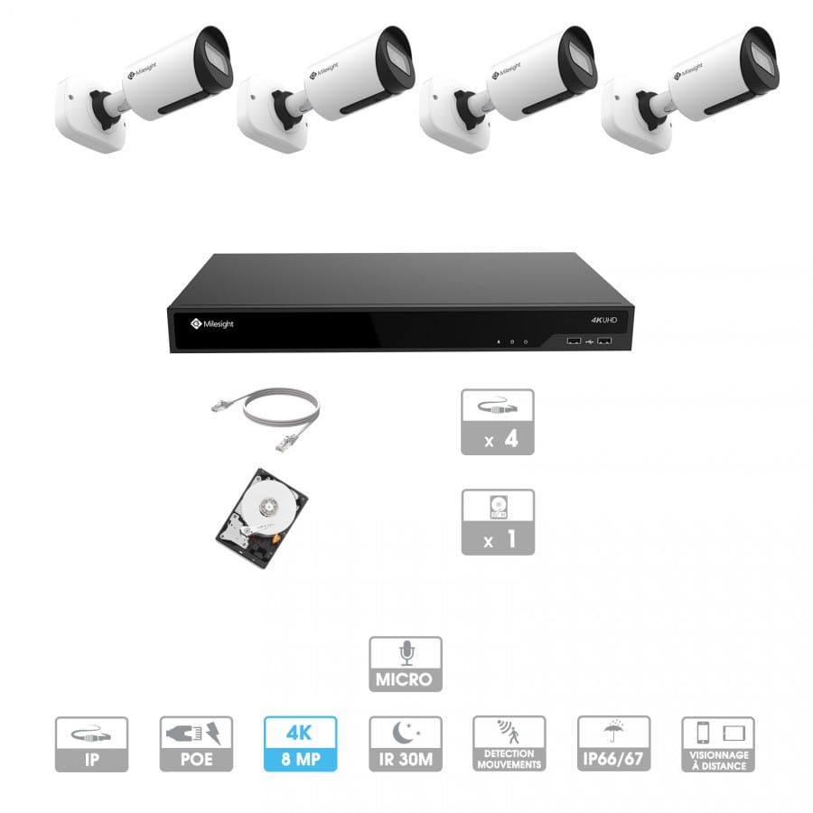 Kit vidéosurveillance 4 caméras | 4K | IP PoE | 4 câbles RJ45 20/30/40/50 mètres | HDD 1 à 6 To | Tube Milesight