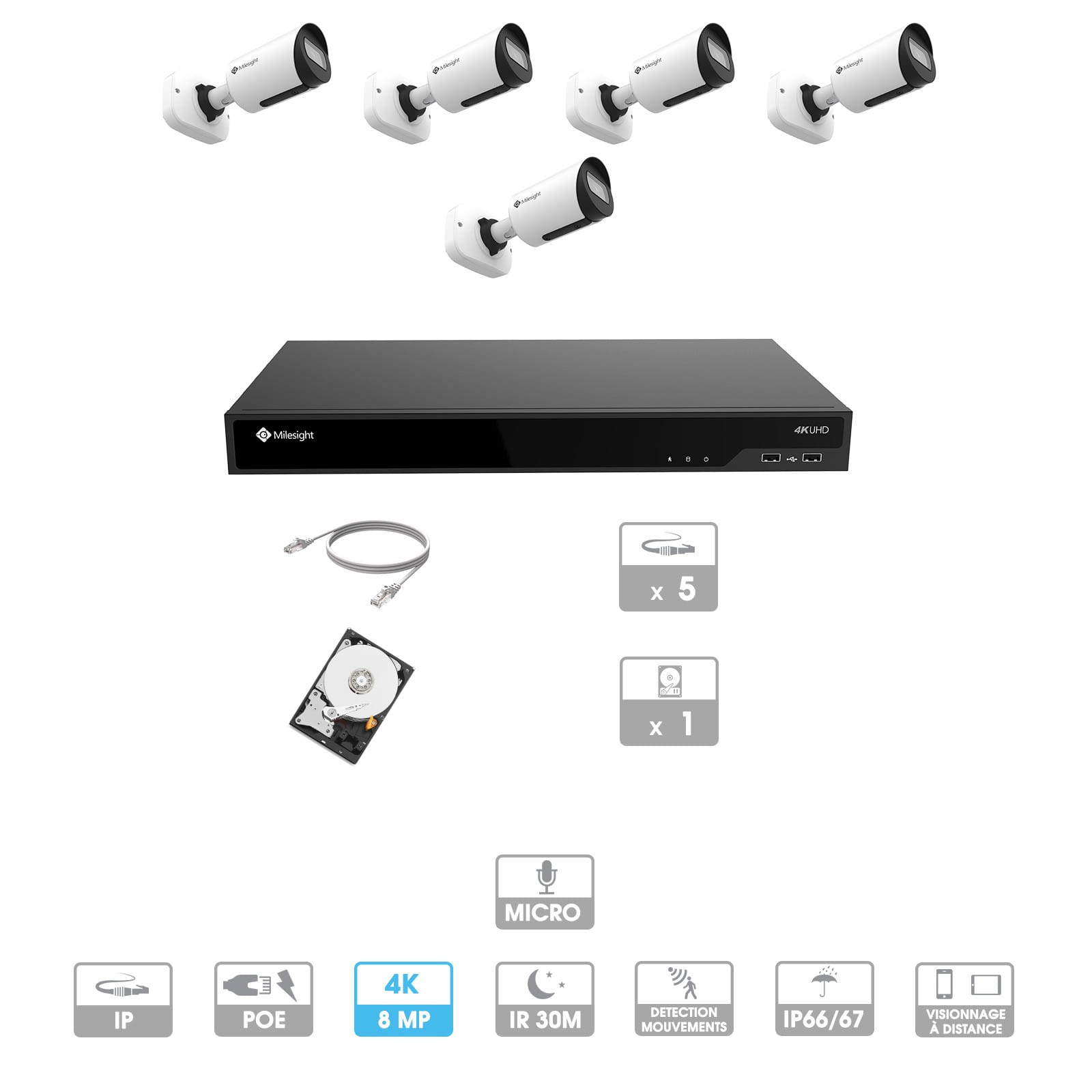 Kit vidéosurveillance 5 caméras | 4K | IP PoE | 5 câbles RJ45 20/30/40/50 mètres | HDD 1 à 6 To | Tube Milesight