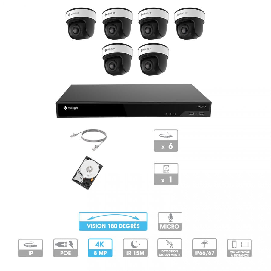 Kit vidéosurveillance 6 caméras 180° | 4K | IP PoE | 6 câbles RJ45 20/30/40/50 mètres | HDD 1 à 6 To | Dôme Milesight