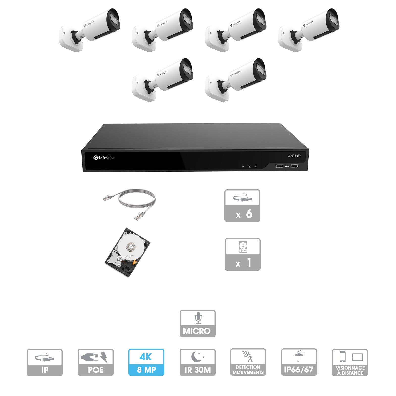 Kit vidéosurveillance 6 caméras | 4K | IP PoE | 6 câbles RJ45 20/30/40/50 mètres | HDD 1 à 6 To | Tube Milesight