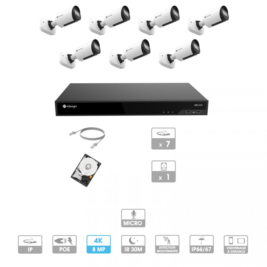 Kit vidéosurveillance 7 caméras | 4K | IP PoE | 7 câbles RJ45 20/30/40/50 mètres | HDD 1 à 6 To | Tube Milesight
